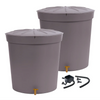 Image of Two gray Lanzarote rain barrels with lids and a set of plumbing components on a white background