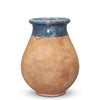 Image of Blue Lagoon glazed French Biot jar with antiqued terracotta base on white background