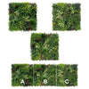 Image of Three square panels of artificial greenery labeled A, B, and C on a white background.