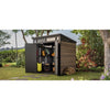 Image of Keter Signature Pent 7x7 Shed - Walnut Look (2.2 x 2.2m) In The Garden With Tools