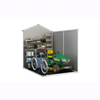 Image of Small storage shed with a bicycle and lawn mower inside on a white background