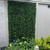Image of An image of a courtyard featuring the Artificial Flowering Buxus Hedge Plant Panels on a textured gray wall, accented by a planter with lush green and chartreuse plants