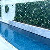 Image of Close up image of the Artificial White Tropics Vertical Garden Wall Panels paired with an artificial wall disc installed along the length of a white boundary wall in a modern backyard pool area