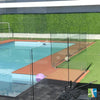 Image of An image of a backyard pool with reddish brown deck and coping, artificial turf, Artificial Jasmine Hedge Plant Wall Screen Panels that serves as a privacy wall, glass safety fence, and a floating purple ball, highlighted by the sunlight