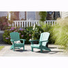Image of Two teal Adirondack chairs on a patio with plants and flowers in the background.
