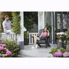 Image of Two people sitting on a porch with flowers and plants around