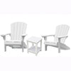 Image of Two white Adirondack chairs with a matching side table on a white background