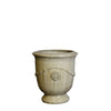 Image of small sand glazed french urn with a logo on a white background