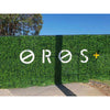 Image of An image of the Artificial Spring Sensation Hedge Wall Panel installed to a wall under a clear blue sky, featuring white "OROS" signage with a yellow plus sign. A tree peeks from the corner, with ground and shadows in the foreground