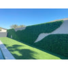 Image of A modern backyard with an artistic Artificial Spring Sensation Hedge Wall Panel shaped like rolling hills against a block wall. It borders an artificial turf lawn and a pool, set under a clear blue sky with palm trees