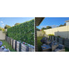 Image of Before and after images of the Artificial White Oasis Vertical Garden Panel installed on a colorbond fence in an outdoor setting, featuring tables and a sofa