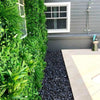 Image of Artificial White Oasis Vertical Garden Panel installed on a wall between two windows along the black stone pebbled walkway