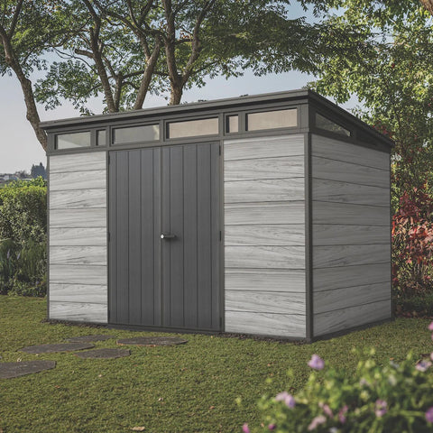 keter signature pent shed in garden in stormgrey colour