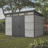 Image of keter signature pent shed in garden in stormgrey colour