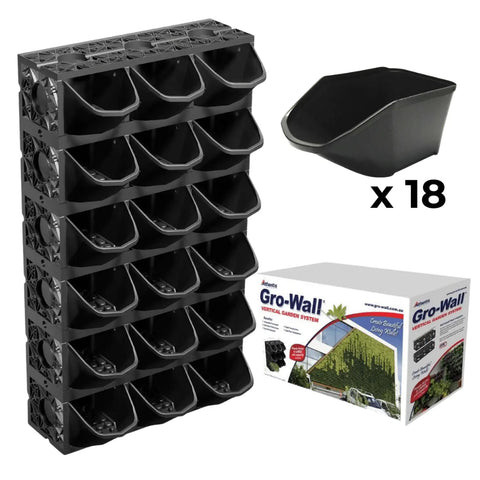 Stack of 18 black gro wall pots with a Gro-Wall product box on a white background