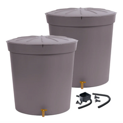 Two gray Lanzarote rain barrels with lids and a set of plumbing components on a white background