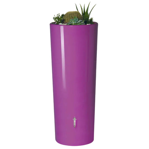 Purple cylindrical 2in1 MiniTank planter with plants on a white background

