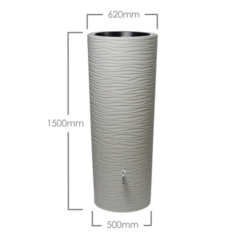 Gray cylindrical Natura 2in1 MiniTank cylindrical concrete tank with wavy texture and dimensions on a white background