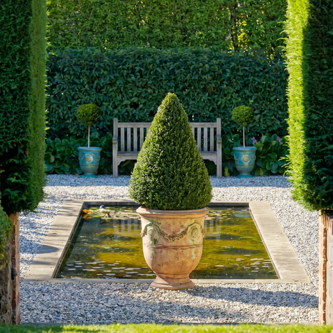 Decorative urn with a topiary in a garden setting with a pond and bench.