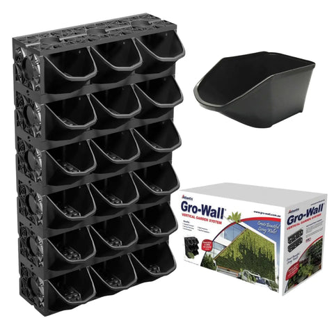 Black plastic gro wall modules with compartments, a black container, and a Gro-Wall product box on a white background.