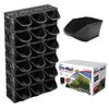 Image of Black plastic gro wall modules with compartments, a black container, and a Gro-Wall product box on a white background.