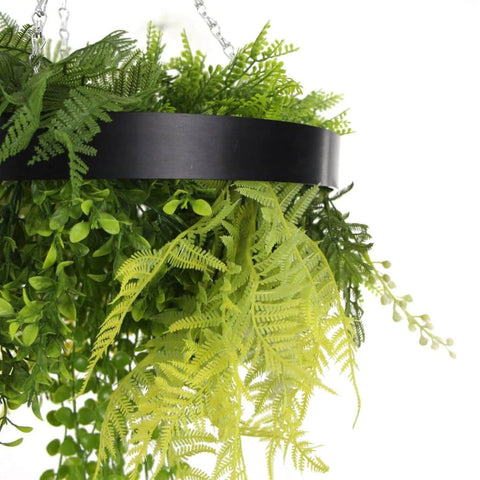 Roof Hanging Disc With Artificial Plants Black Frame 40 cm close up faux fern