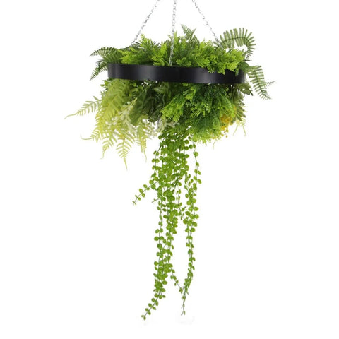 Roof Hanging Disc With Artificial Plants Black Frame 40cm close up ferns and faux plants