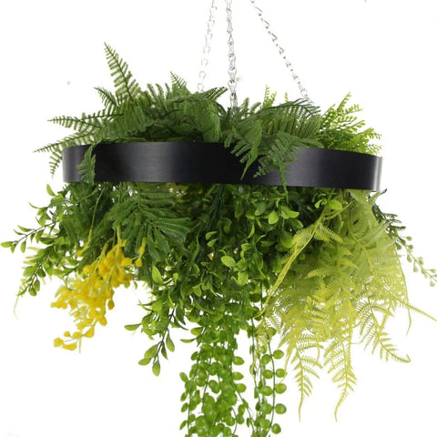 Roof Hanging Disc With Artificial Plants Black Frame 40cm close up