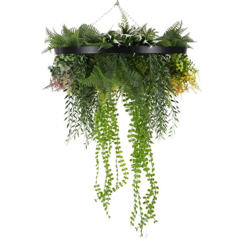 Roof Hanging Disc With Artificial Plants Black Frame 60cm hanging faux pearls and wall art