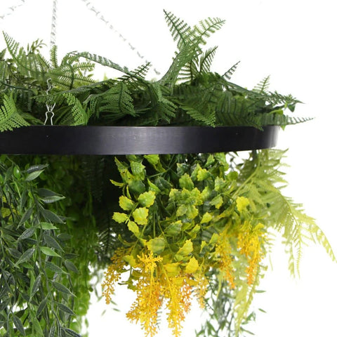 Roof Hanging Disc With Artificial Plants Black Frame 60cm hanging faux pearls and ferns