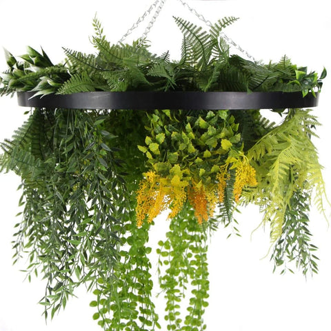 Roof Hanging Disc With Artificial Plants Black Frame 60cm with draping pearls ferns