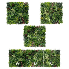Three square panels of artificial greenery labeled A, B, and C on a white background.