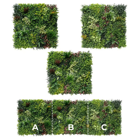 Three square panels of artificial greenery labeled A, B, and C on a white background.
