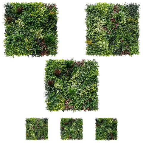 Set of three artificial green wall panels on a white background