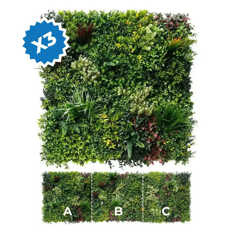 Artificial green wall panel with three different color options labeled A, B, and C on a white background.