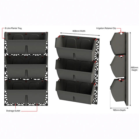 Gray wall-mounted slim line planters with measurements and labels on a white background
