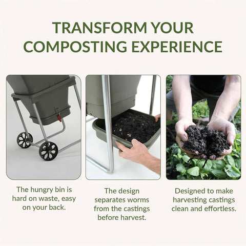 Composting bin with text highlighting features and benefits
