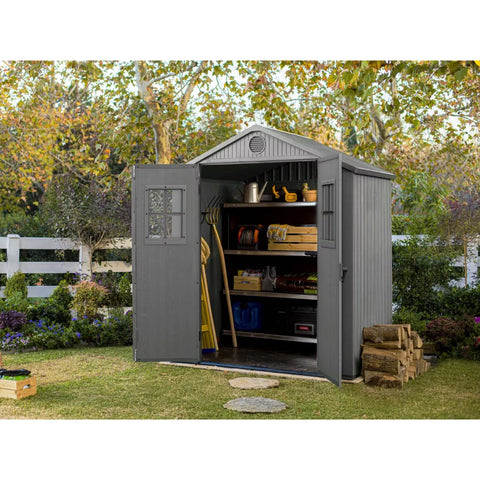 Keter Darwin 6x4 Garden Shed (1.9 x 1.2m) Grey In The Garden With Tools