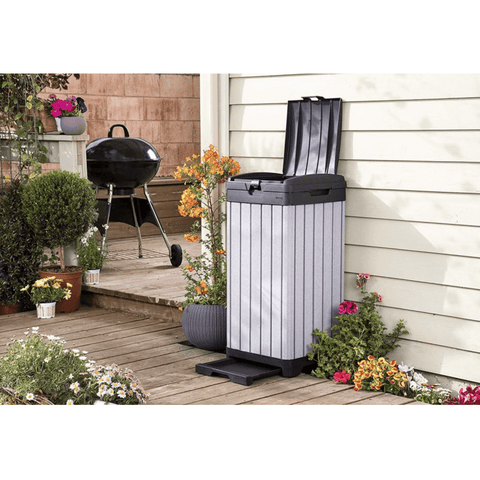 keter rockford outdoor waste bin in the garden