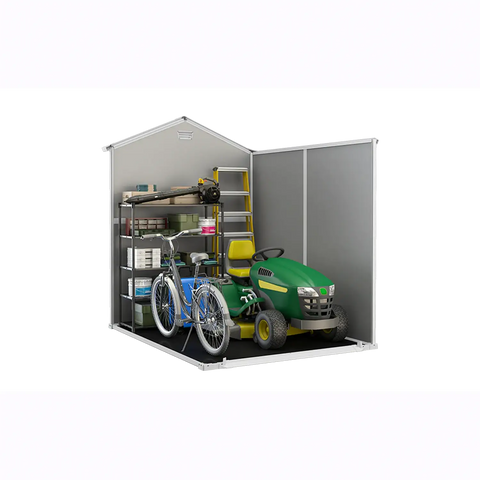 Small storage shed with a bicycle and lawn mower inside on a white background