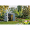 Image of Gray garden shed with a yellow ladder in a garden setting