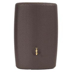 Brown textured water tank with a brass tap on a white background