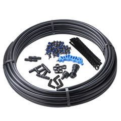 Drip irrigation kit with tubing and accessories on a white background