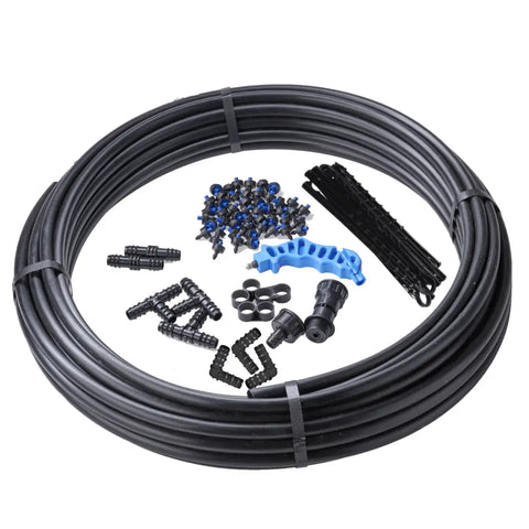 Drip irrigation kit with tubing and accessories on a white background