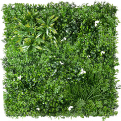 Artificial white oasis greenery panel with various shades of green and white flowers on a white background