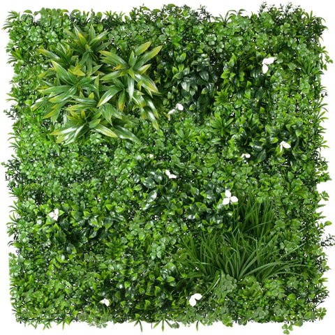 Artificial white oasis greenery panel with various shades of green and white flowers on a white background