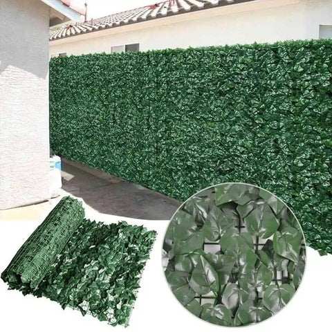 Artificial Ivy Leaf Hedge Screen 3m x 1m Roll Outdoor UV Stabilised shown installed on an outdoor fence, the lower left image displays the hedge screen partially rolled, while the right image provides a close up view of the leaves