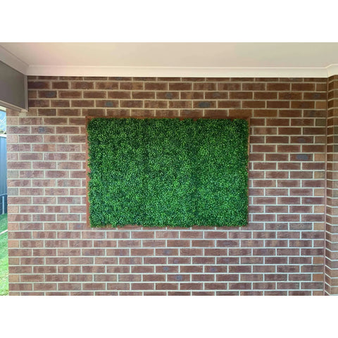 Artificial Mixed Boxwood 1m x 1m Plant Panel UV Stabilised mounted on a red brick wall  in a covered outdoor or patio area