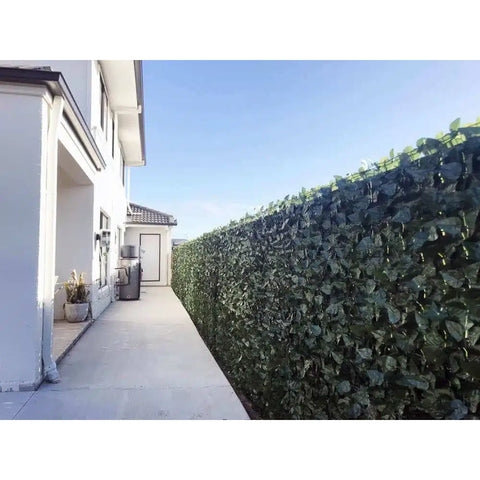 Artificial Peach Leaf Ivy Hedge Screen installed on a backyard fence, set beside a cement pathway with a large potted plant, windows, and a backyard door in view