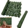 Image of Image showing the Artificial Peach Leaf Ivy Hedge Screen one fully rolled, another partially rolled. In the lower left, a photo displays the hedge screen installed outdoors beside a beach lounge chair